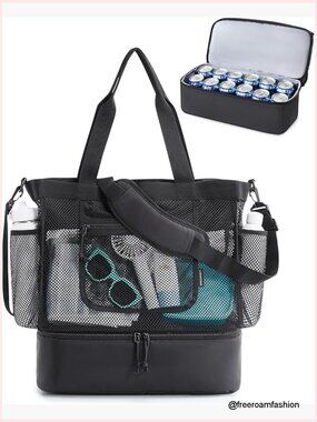 Mesh Beach Tote Bag with Cooler - Sandproof Zipper Closure